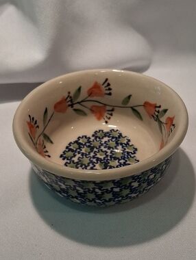Boleslawiec Hand-Painted Floral Ceramic Mini Serving Bowl in Cream Orange Blue